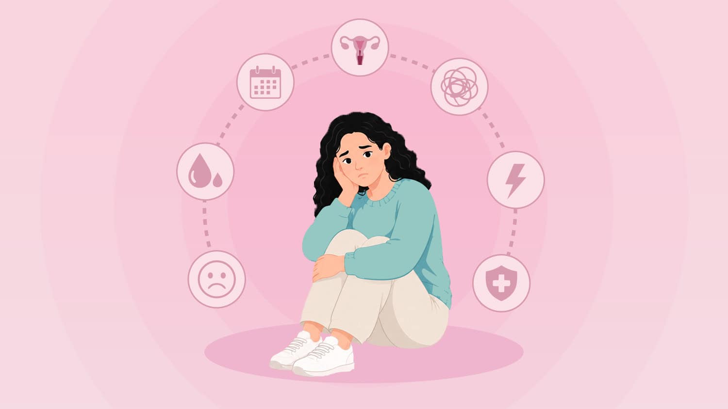 Young woman with menstrual pain surrounded by health icons.