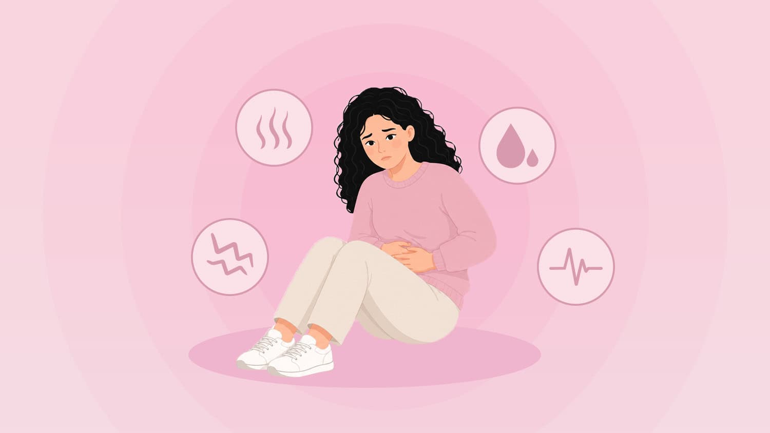 Woman experiencing menstrual cramps with causes and relief options around her.