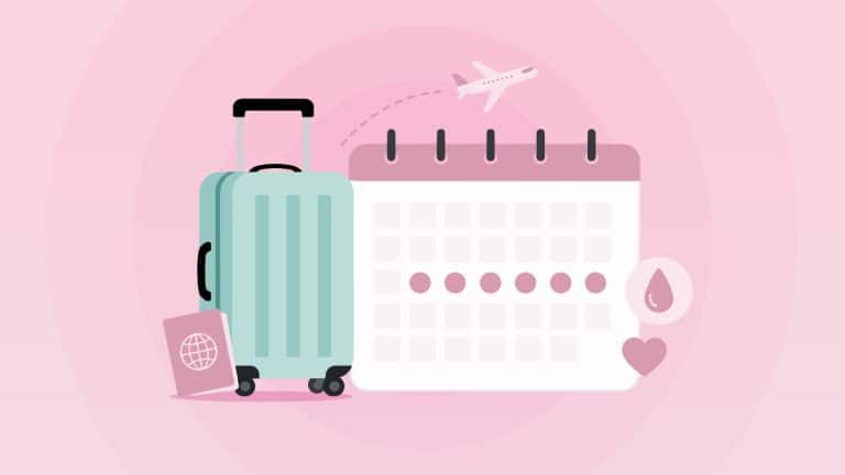 Traveling with luggage and calendar indicating menstrual cycle.