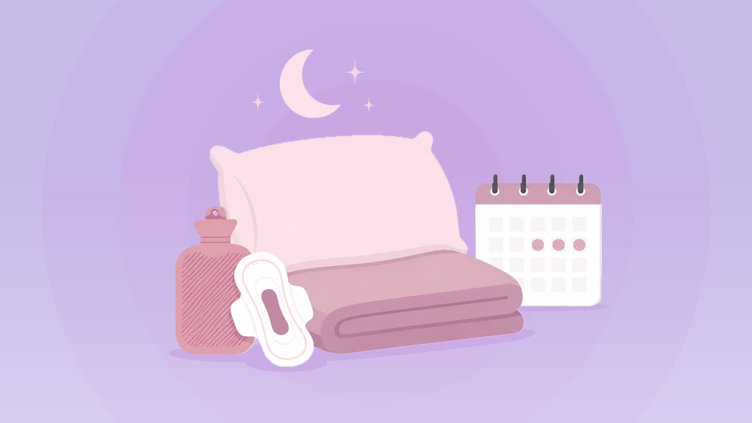 Sleep essentials for menstrual comfort including pillow, pad, and nightwear.
