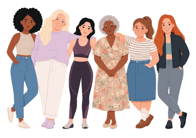Group of women of different ages and ethnicities smiling together for menstrual health awareness.