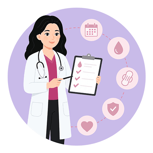 Female doctor with clipboard discussing menstrual health management.