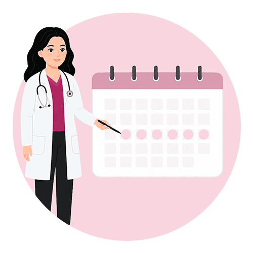 Illustration of a female doctor pointing at a menstrual cycle calendar.